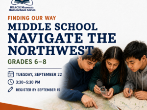 Middle school students examine a regional map and use a compass during the Navigate the Northwest homeschool class at the REACH Museum.