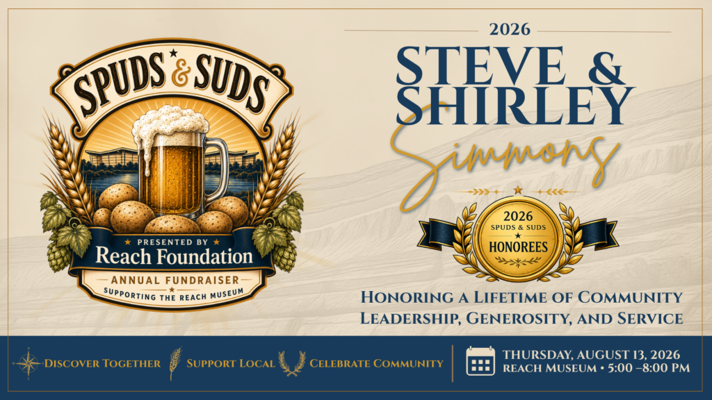 Spuds & Suds 2026 Honorees – Steve & Shirley Simmons Spuds & Suds 2026 annual fundraiser banner honoring Steve and Shirley Simmons for their community leadership and support of the REACH Museum
