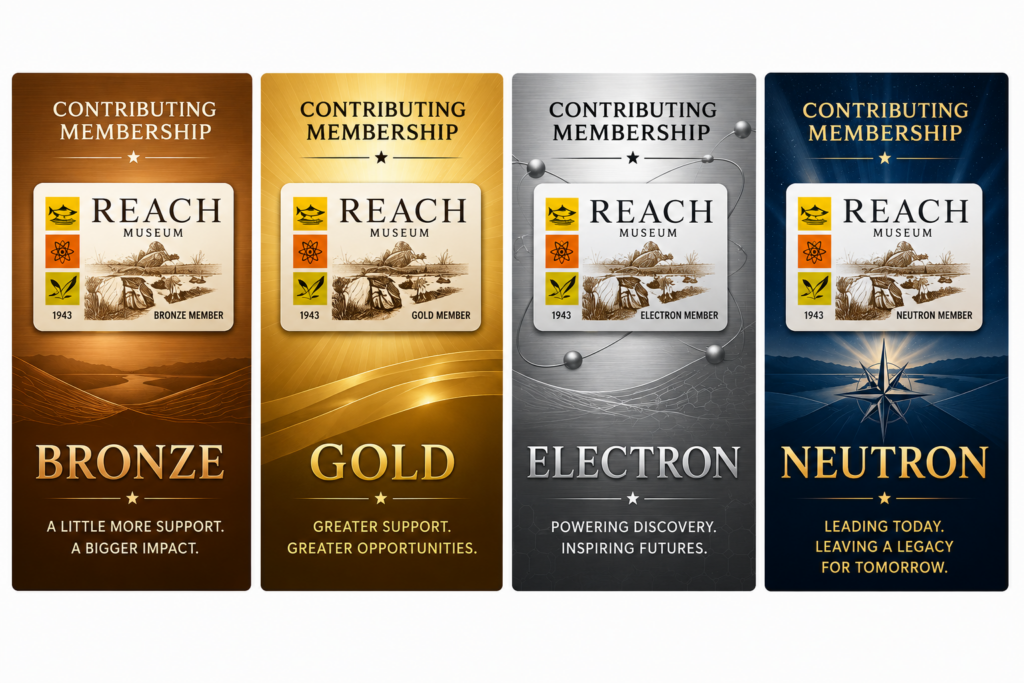 REACH Museum Contributing Membership levels showing Bronze, Gold, Electron, and Neutron membership tiers.