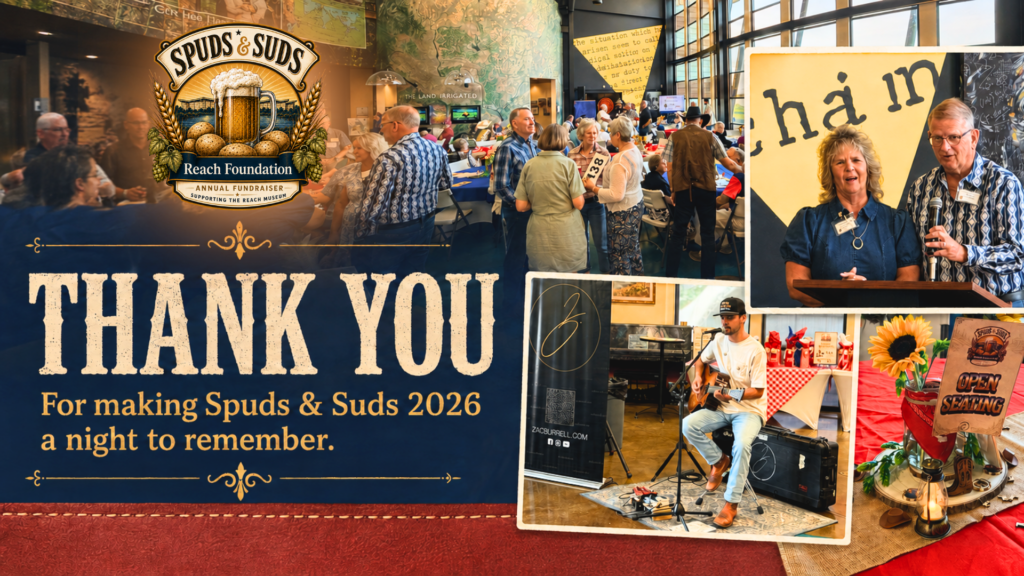 Spuds & Suds 2026 thank-you banner featuring guests, honorees Steve and Shirley Simmons, musician Zac Burrell, and event décor at the REACH Museum.