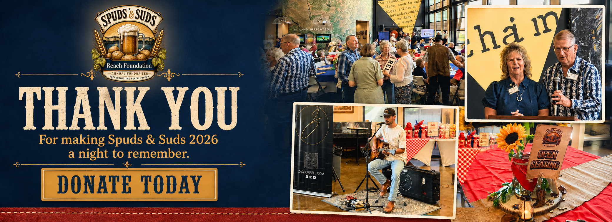 Spuds & Suds 2026 thank-you banner inviting supporters to donate to the Reach Foundation in support of the REACH Museum.